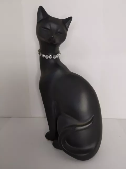 Estatuilla vintage Seymour Mann negra gargantilla egipcia gato 8" tiza