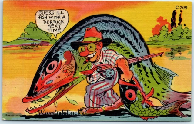 Happy Guy With A Big Catch Comic Art Print - Wasn't I Lucky? - Greeting Card