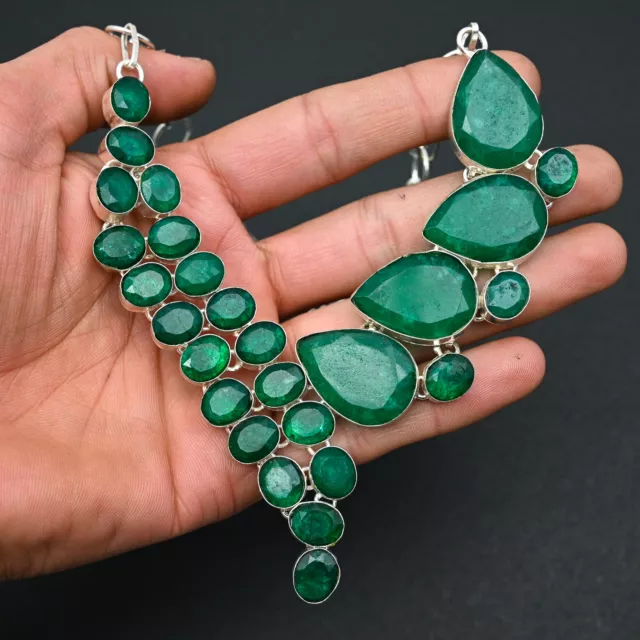 Brazilian Emerald Gemstone 925 Sterling Silver Jewelry Women Necklace 18" y179