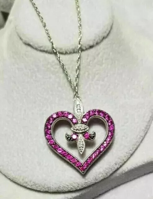 14k White Gold Plated Round Cut Simulated Pink Ruby Heart Shape Pendant Chain