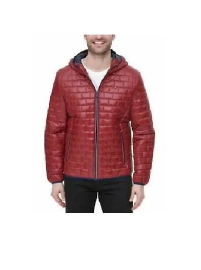 TOMMY HILFIGER Men's Quilted Brick Hooded Puffer Jacket (Red, Large) NWT