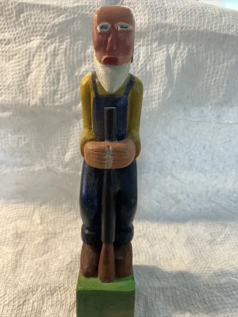 Vintage Hand carved wooden  Figure Folk Art man with beard overalls! cute