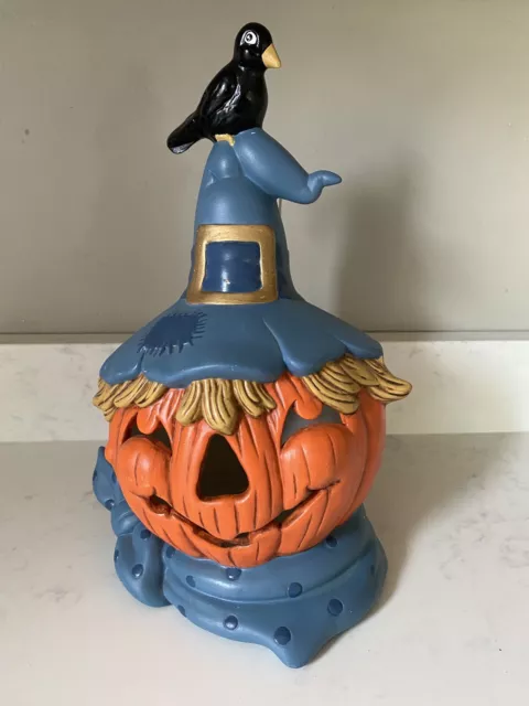 Vtg 70s 80s Jack O Lantern Pumpkin Scarecrow Witch Hat Ceramic Mold Light Lamp