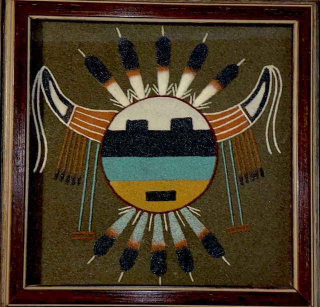 VTG Navajo SW Artist Sand-painting ”SUNBURST” Framed by Stewart Moulding 8X8”
