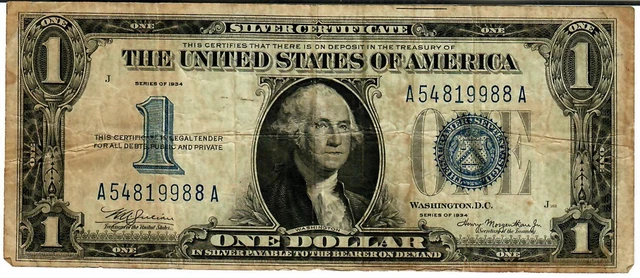 1934 $1 Silver Certificate Fr-1606 Fine W/Some Dirt