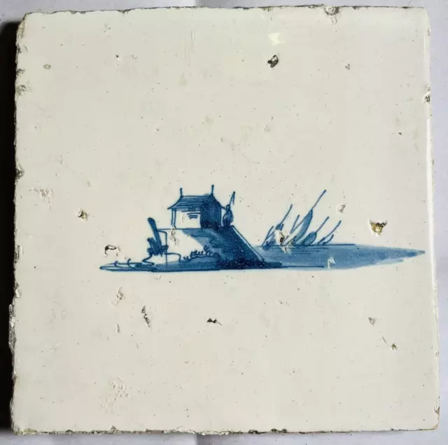 17th or 18th Century Dutch Blue and White Delft Tile - Waterside Landscape A19