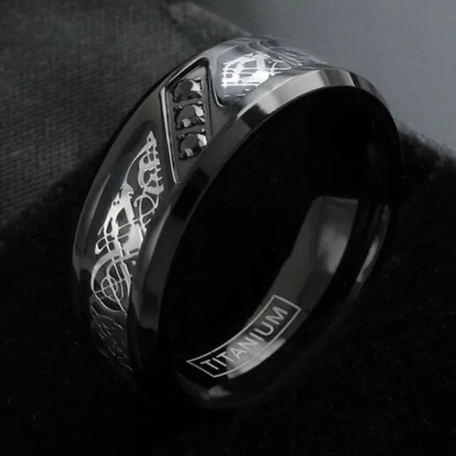 BLACK TITANIUM MEN'S Celtic Dragon 0.09 Carat CZ Wedding Band Ring Size ...
