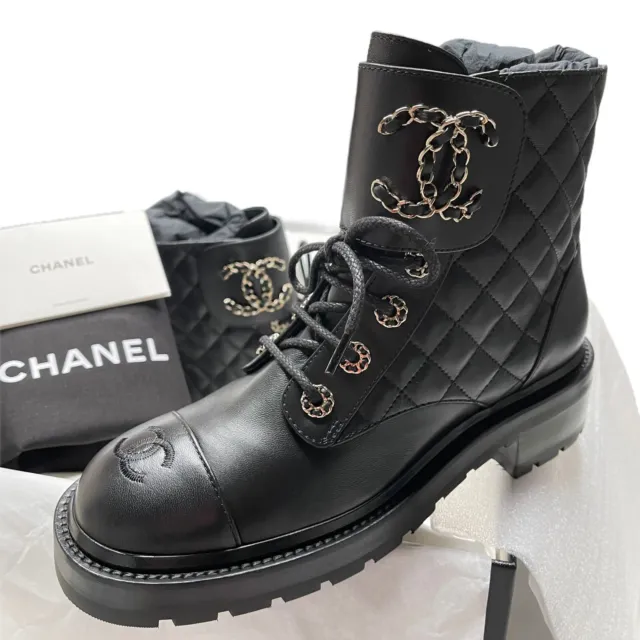 NEW CHANEL 2021 Black leather Combat boots 37 EUR size shoes brooch motto  quilt $2,374.00 - PicClick