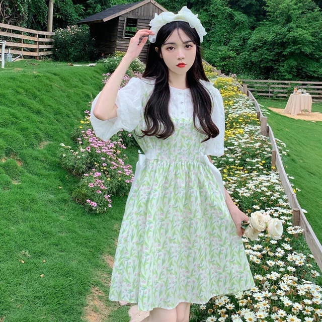Women A Line Casual Boho Dress Patchwork Floral Summer Puff Short Sleeve Bow Tie