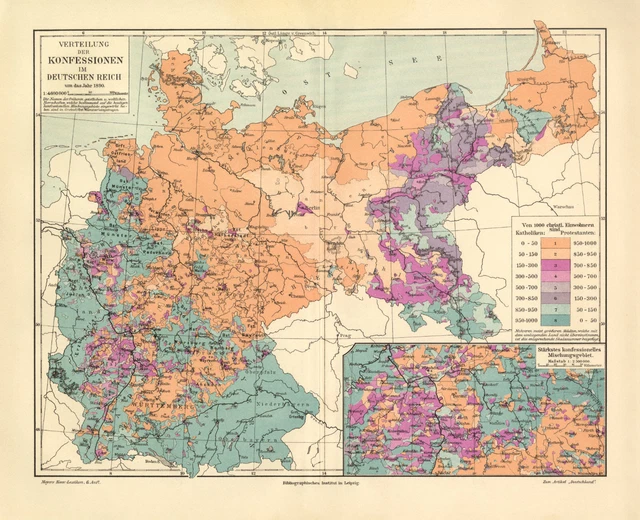 Konfessionen Deutsches Reich historische Landkarte Lithographie ca. 1904 antik