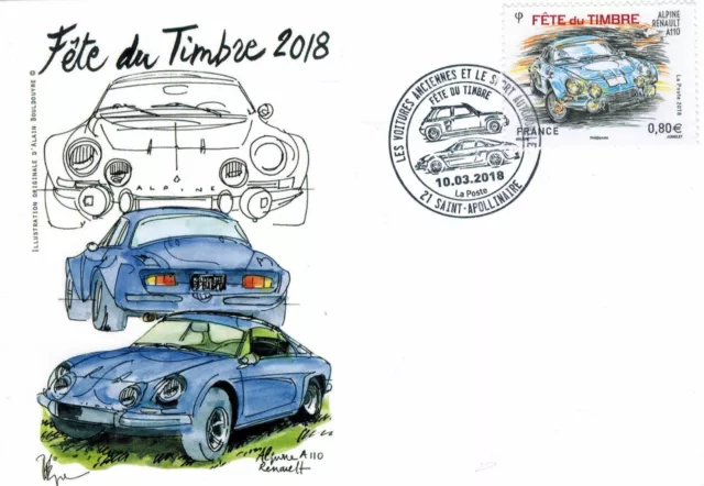 France 2018-Carte Maximum-Fete du timbre-Renault alpine A110-Voitures anciennes