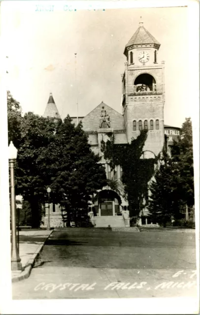 Vtg Postcard RPPC 1940s Crystal Falls Michigan MI Iron County Court House UNP