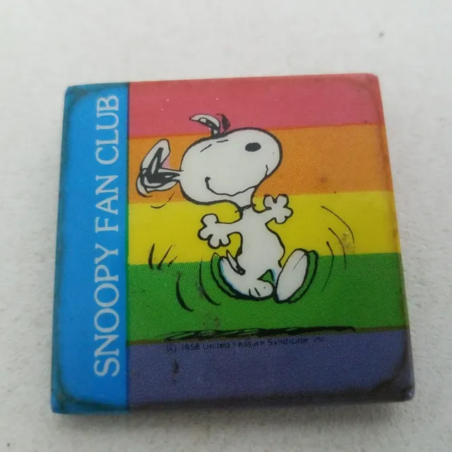 Snoopy Fan Club Pin Back Badge Button Rainbow Vintage Square