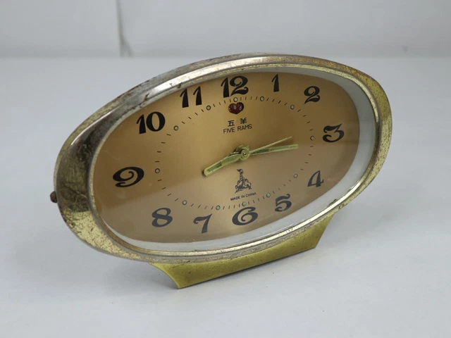 VINTAGE FIVE RAMS Alarm Clock Chinese Wind-Up, Bronze Tone, Retro Oval ...