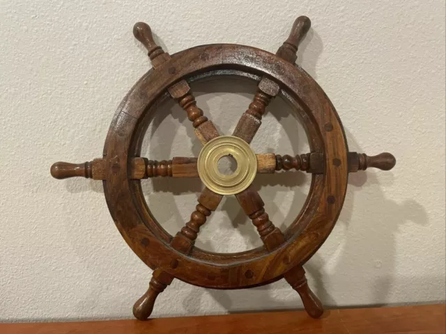 Nautical Ocean Wall Decor Collectible 12" Wooden Ship Steering Wheel Brass Gift