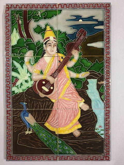 6pc panel x Vintage Majolica Tile SARASWATI Japan