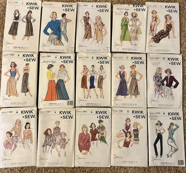 Lot of 15 Adult Kwik Sew patterns Blouses, Dresses, Skirt. Vintage Unopened NOS