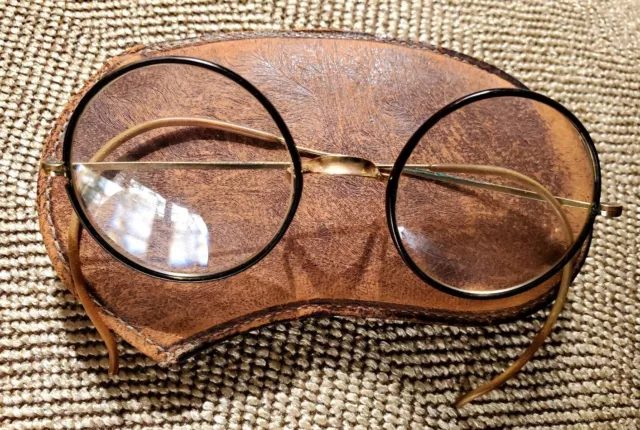 Antique  American Optical  Windsor Round Eyeglasses Spectacles W/ Leather Case