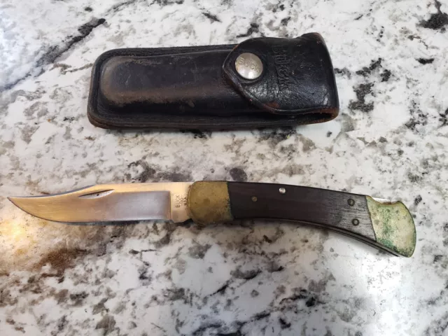 Vintage Buck 110 1980-1981 Folding Knife with Leather Sheath USA 3 dot Nice!