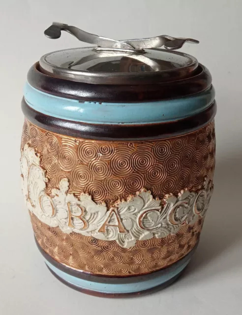 Fabulous vintage EMPTY Doulton Lambeth Tobacco Jar with integral tobacco grabber