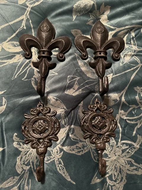 4 Wrought Iron Hooks Fleur De Lis Wall Hangers Heavy Decor Black Retro Boho