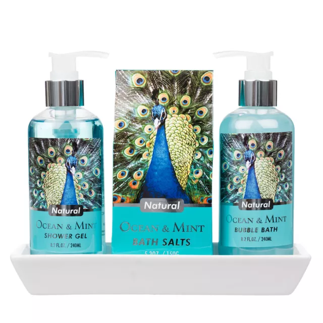 3 Piece Lovely Ocean Mint Body & Bath Peacock Gift Set with White Ceramic Tray