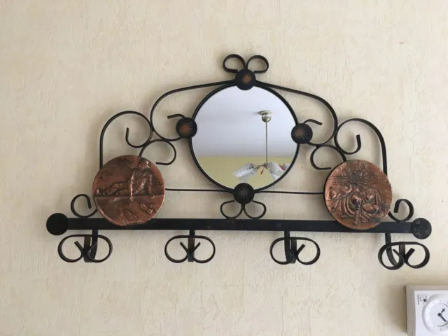Vintage wrought iron wall glass mirror with harvest copper medal Hat coat hanger
