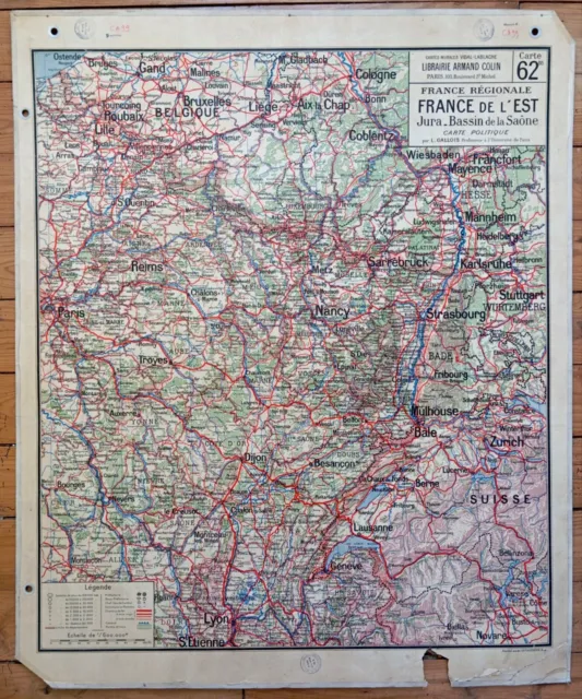 🌍 Ancienne carte scolaire Vidal-Lablache 62, 1940 - France de l'Est, Alsace