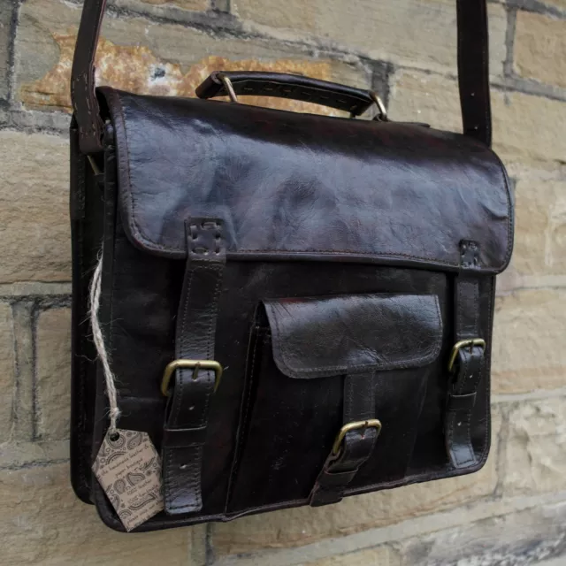 13" Real Leather Brown Handmade Vintage School Satchel Cross Body Messenger Bag