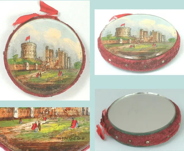 Antique Reverse Painted Glass Pin Cushion * Windsor Castle * Circa 1850