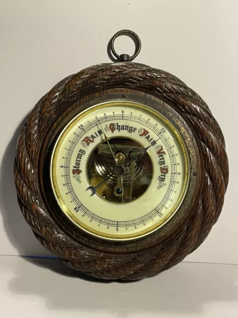 Vintage Lufft Germany Round Wood Rope Effect Aneroid Wall Barometer 7 1/4".