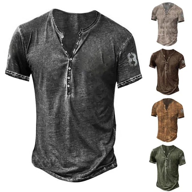 Vintage da Uomo Manica Corta T-Shirt Casual Largo V Bottoni Collo Top Muscolo