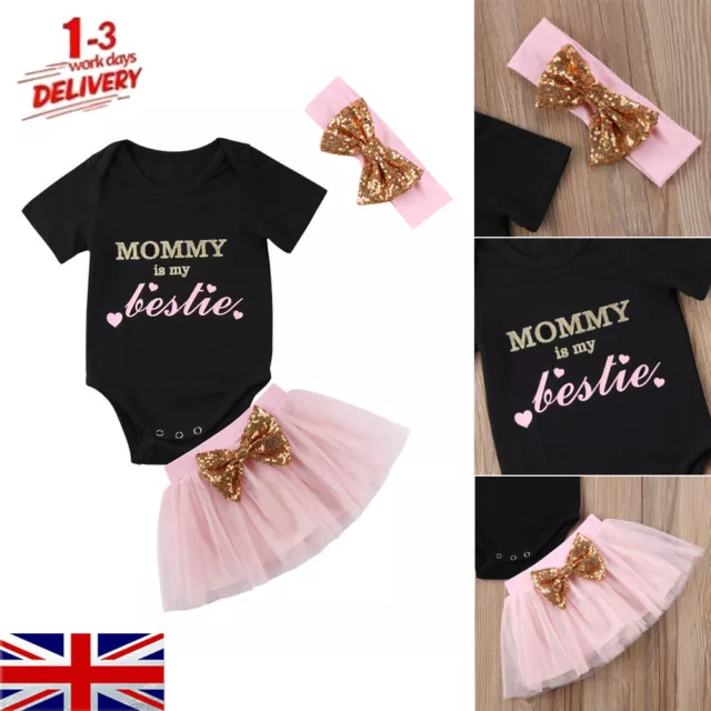 UK 3PCS Newborn Baby Girl Clothes Romper Jumpsuit+Tutu Skirt+Headband Outfit Set