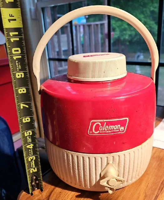 Vintage Coleman 1 Gallon Red White Water Cooler Jug Dispenser Lid & Cup 6/83