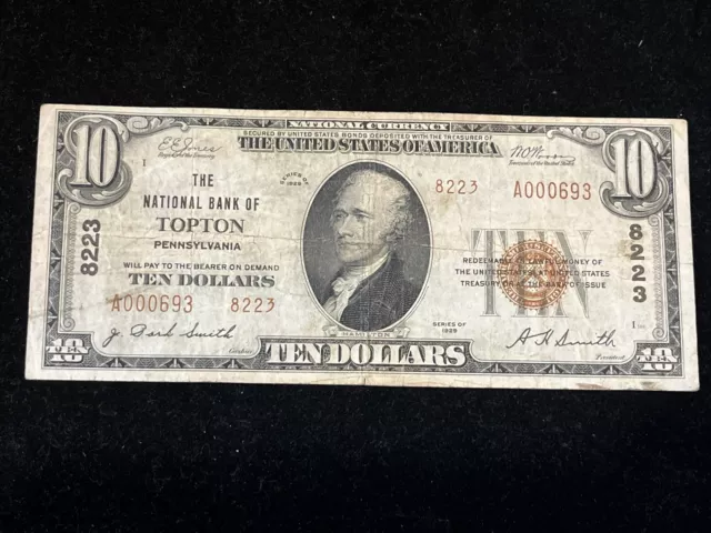 1929 $10 National Bank Of TOPTON PA National Currency CH #8223 Type 2