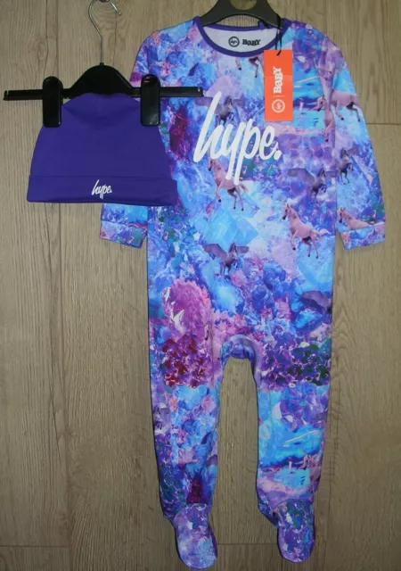 Set cappello per babygrow per bambine NUOVO stampa unicorno viola età 12-18 mesi