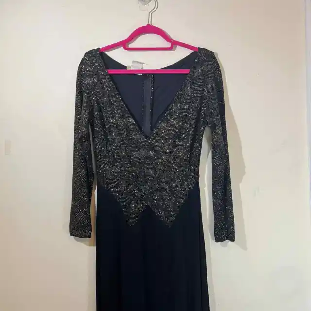TADASHI SHOJI x Cache Black Gown Large Gold Glitter 90s Goth Glam Dress ...
