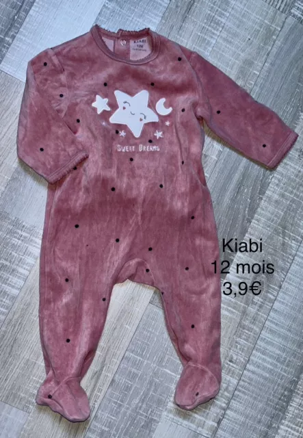 Kiabi pyjama babygros velours Coton rose 12 mois Bébé Fille