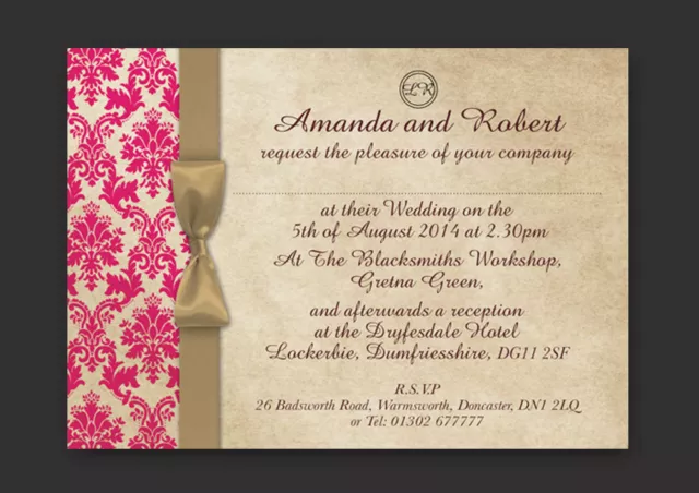 Personalised Damask Wedding Day & Evening Invitations With Envelopes & Free P&P