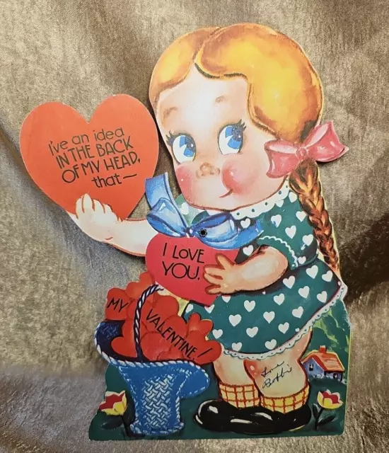 Vintage 1930s Mechanical Valentine Card Cute Little Girl Hiding Hearts USA