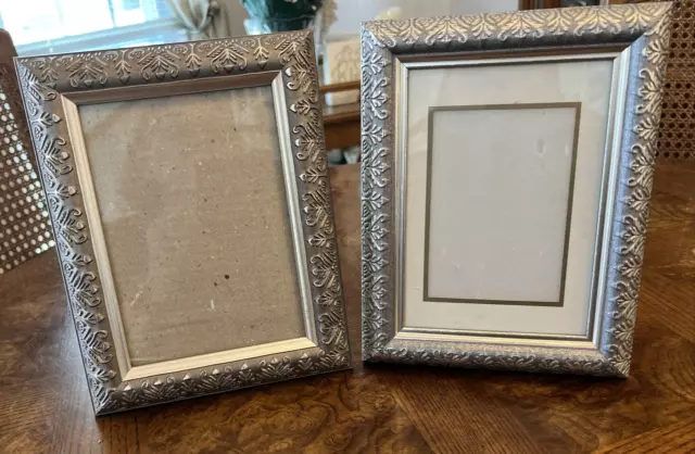 PHOTO FRAMES  2 Silver-Tone  Wooden Ornate Scroll Design Frames 7" by 9"