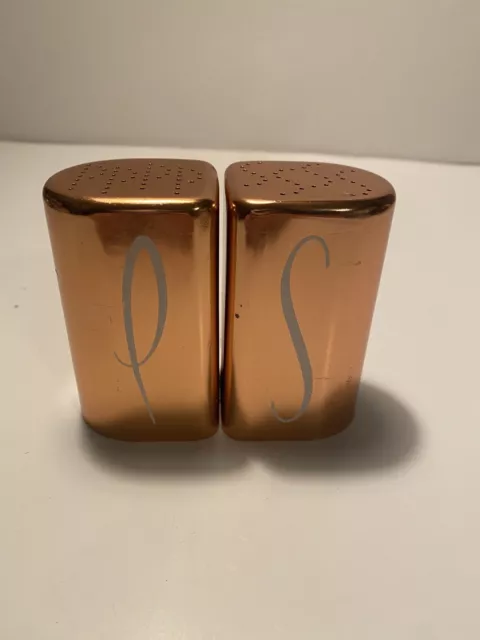 Par de agitadores de sal y pimienta de aluminio moderno vintage de mediados de siglo años 60 oro rosa