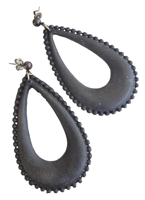 VINTAGE BOHO CHARCOAL Gray Teardrop Dangle Pierced Earrings 2-5/8