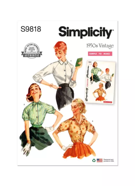 Simplicity 9818 Miss/Women Retro Vintage 1950's Blouse, Shirt Top Sewing Pattern