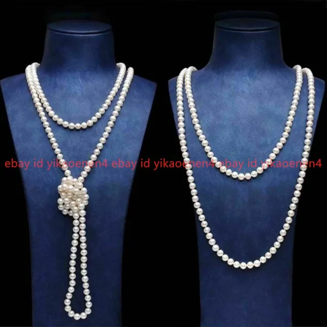 Beautiful ! Genuine 7-8mm Natural White Akoya Cultured Pearl Necklace Long 60"