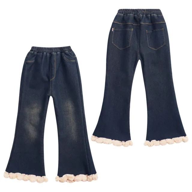 Kids Girls Pants Workout Trousers Bell-Bottomed Denim Faux Fur Trim Jeans Cute