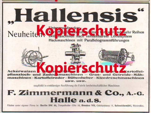 F. Zimmermann Halle Hallensis Ackerwalzen Landwirtschaft Maschinen Werbung 1911