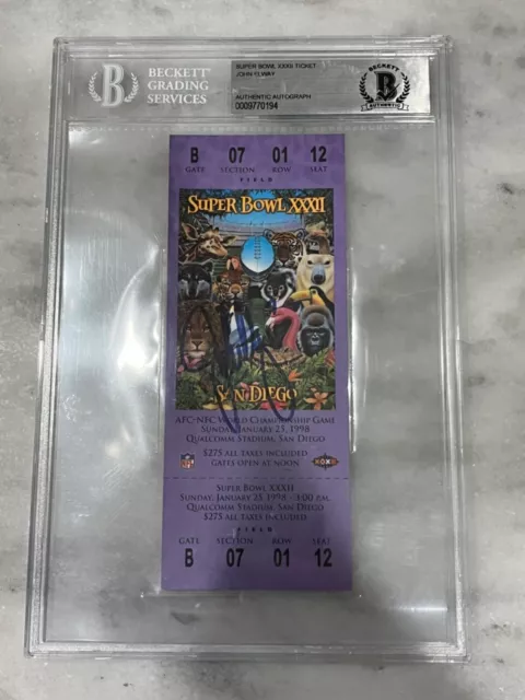 John Elway Signed Denver Broncos Super Bowl XXXII Ticket. Beckett Encapsulated 