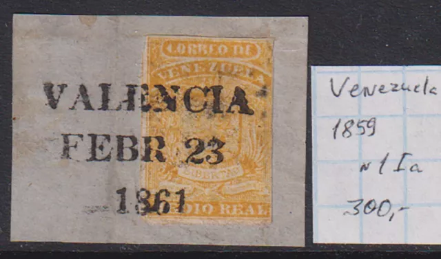 Venezuela 1859 1st stamp 1/2 R. on Piece Mi#1Ia - 300 Euro Used Scarce & Rare!