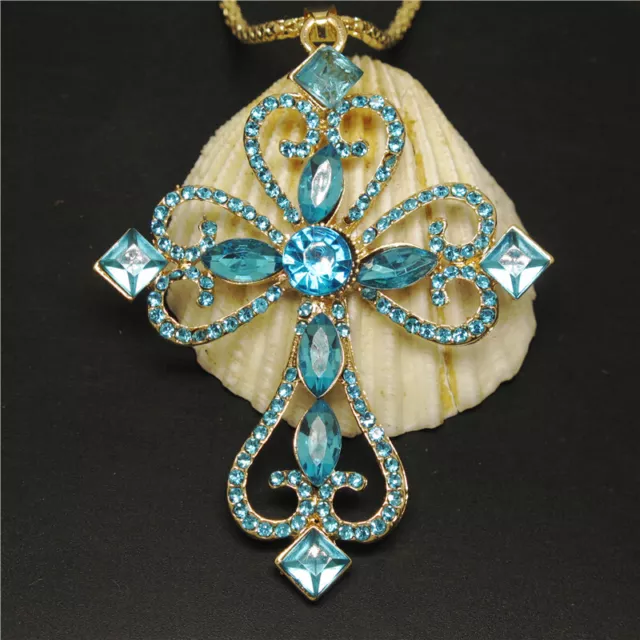 New Betsey Johnson  Blue Bling Jesus Prayer Cross Crystal Pendant Women Necklace
